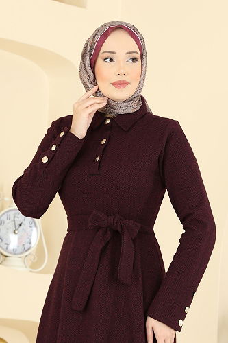 moda selvim Kuşak Detaylı Balıksırtı Elbise 24097UKBK1160 Bordo - Thumbnail