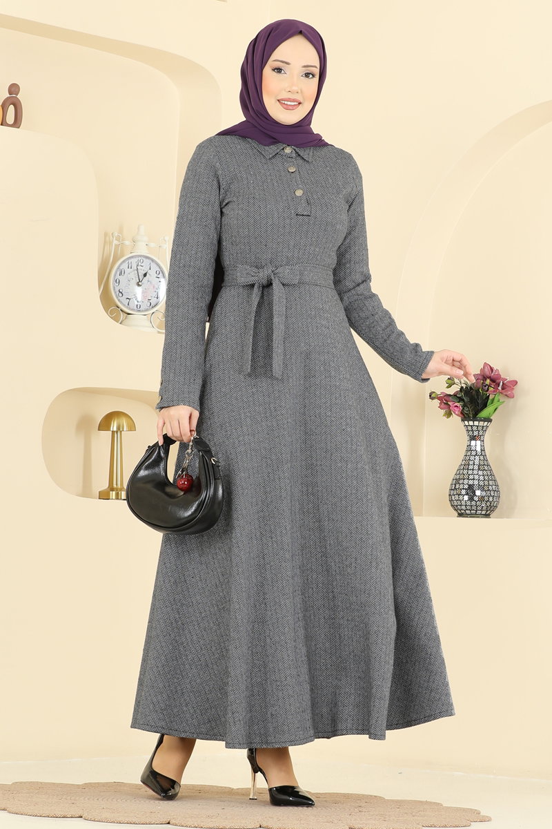 Kuşak Detaylı Balıksırtı Elbise 24097UKBK1160 Gri