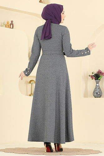 moda selvim Kuşak Detaylı Balıksırtı Elbise 24097UKBK1160 Gri - Thumbnail