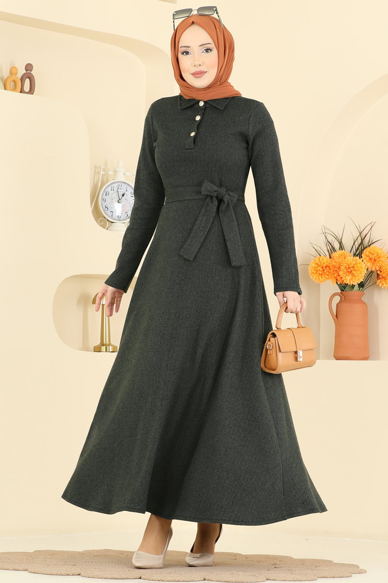 Kuşak Detaylı Balıksırtı Elbise 24097UKBK1160 Haki