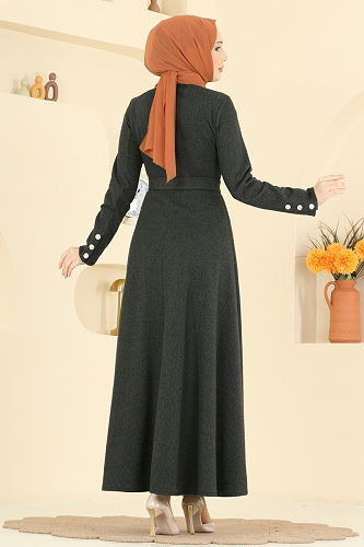 moda selvim Kuşak Detaylı Balıksırtı Elbise 24097UKBK1160 Haki - Thumbnail