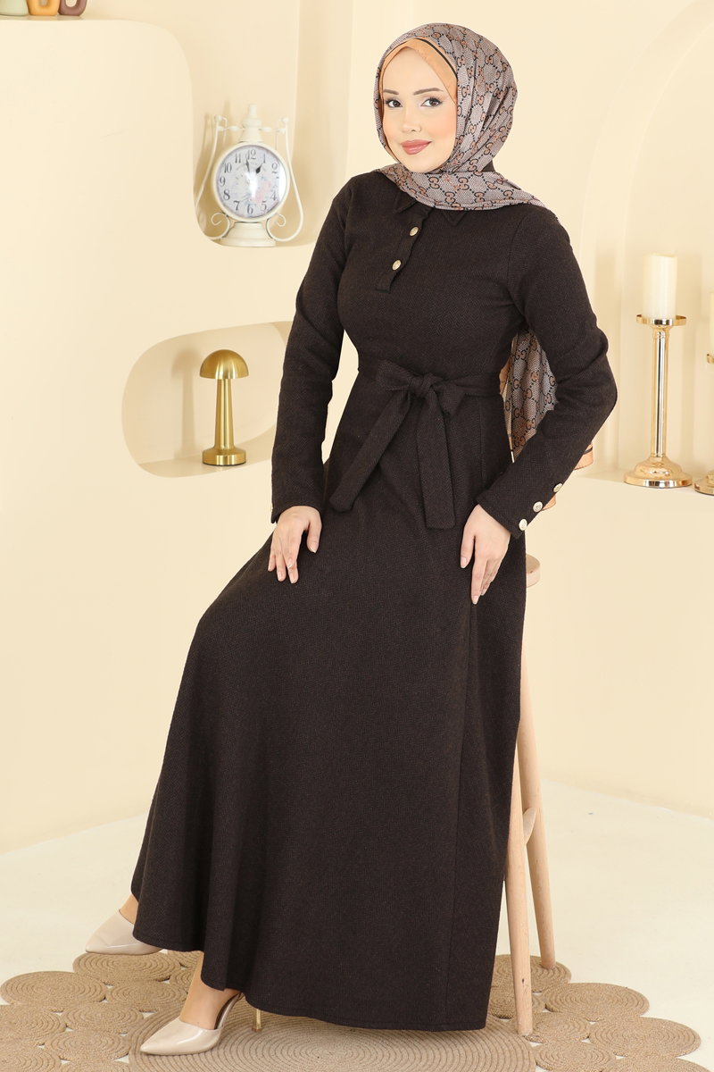 Kuşak Detaylı Balıksırtı Elbise 24097UKBK1160 Kahve