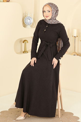 moda selvim Kuşak Detaylı Balıksırtı Elbise 24097UKBK1160 Kahve - Thumbnail