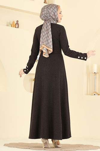 moda selvim Kuşak Detaylı Balıksırtı Elbise 24097UKBK1160 Kahve - Thumbnail