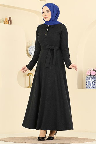 moda selvim Kuşak Detaylı Balıksırtı Elbise 24097UKBK1160 Siyah - Thumbnail