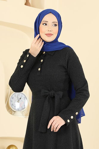 moda selvim Kuşak Detaylı Balıksırtı Elbise 24097UKBK1160 Siyah - Thumbnail