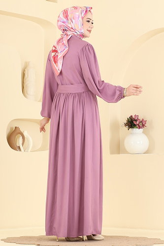 moda selvim Kuşak Detaylı Belmando Elbise 7160BG354 Gül Kurusu - Thumbnail