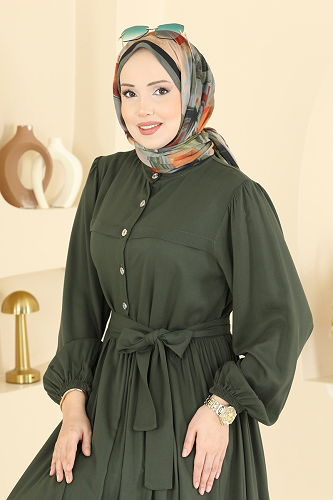 moda selvim Kuşak Detaylı Belmando Elbise 7160BG354 Haki - Thumbnail