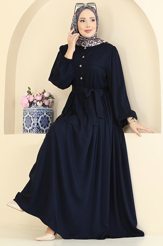 moda selvim Kuşak Detaylı Belmando Elbise 7160BG354 Koyu Laci - Thumbnail
