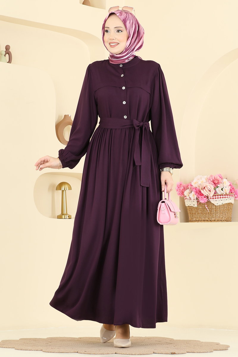 Kuşak Detaylı Belmando Elbise 7160BG354 Mürdüm