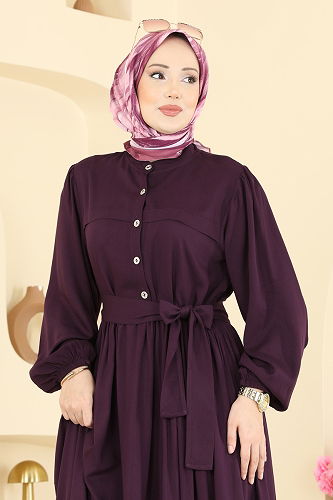 moda selvim Kuşak Detaylı Belmando Elbise 7160BG354 Mürdüm - Thumbnail