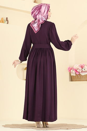 moda selvim Kuşak Detaylı Belmando Elbise 7160BG354 Mürdüm - Thumbnail