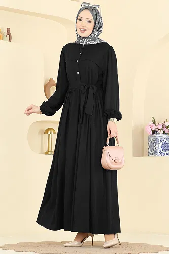 moda selvim Kuşak Detaylı Belmando Elbise 7160BG354 Siyah - Thumbnail
