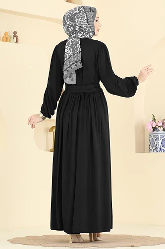 moda selvim Kuşak Detaylı Belmando Elbise 7160BG354 Siyah - Thumbnail