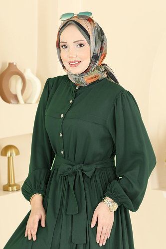 moda selvim Kuşak Detaylı Belmando Elbise 7160BG354 Zümrüt - Thumbnail