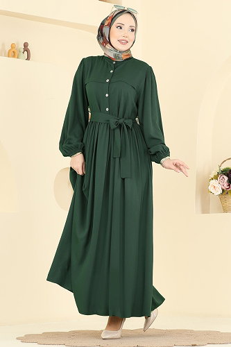 moda selvim Kuşak Detaylı Belmando Elbise 7160BG354 Zümrüt - Thumbnail