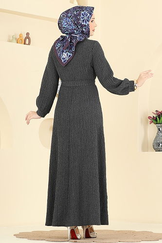 moda selvim Kuşak Detaylı Bürümcük Elbise 4575ERK1158 Antrasit - Thumbnail