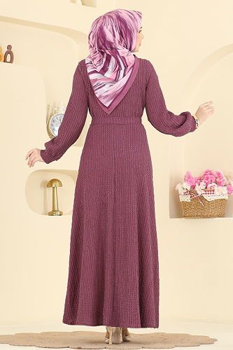 moda selvim Kuşak Detaylı Bürümcük Elbise 4575ERK1158 Koyu Gül Kurusu - Thumbnail