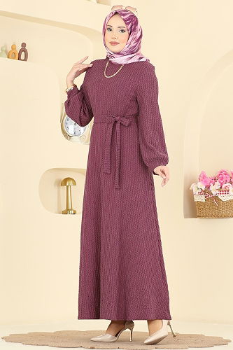 moda selvim Kuşak Detaylı Bürümcük Elbise 4575ERK1158 Koyu Gül Kurusu - Thumbnail
