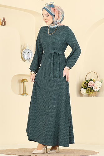 moda selvim Kuşak Detaylı Bürümcük Elbise 4575ERK1158 Zümrüt - Thumbnail