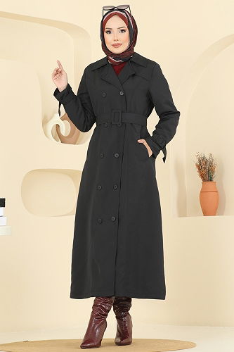 moda selvim Kuşak Detaylı Cepli Trençkot 2517MSA980 Siyah - Thumbnail