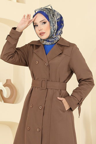 moda selvim Kuşak Detaylı Cepli Trençkot 2517MSA980 Taba - Thumbnail