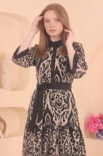 moda selvim Kuşak Detaylı Desenli Elbise 15033NWL209 Siyah - Thumbnail