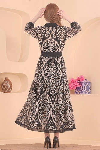 moda selvim Kuşak Detaylı Desenli Elbise 15033NWL209 Siyah - Thumbnail