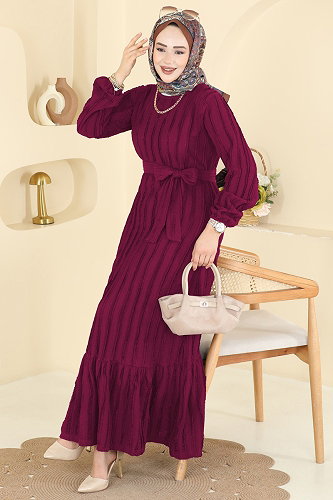 moda selvim Kuşak Detaylı Piliseli Elbise 757OZN1046 Bordo - Thumbnail