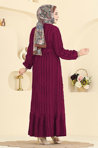 moda selvim Kuşak Detaylı Piliseli Elbise 757OZN1046 Bordo - Thumbnail