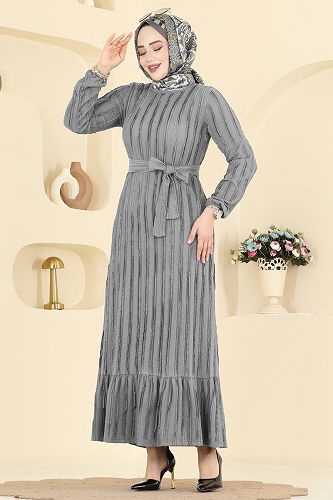 moda selvim Kuşak Detaylı Piliseli Elbise 757OZN1046 Gri - Thumbnail