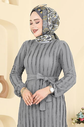 moda selvim Kuşak Detaylı Piliseli Elbise 757OZN1046 Gri - Thumbnail