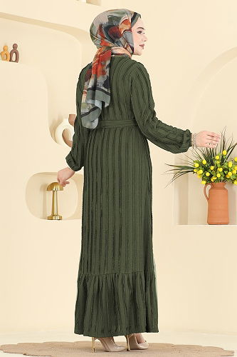 moda selvim Kuşak Detaylı Piliseli Elbise 757OZN1046 Haki - Thumbnail