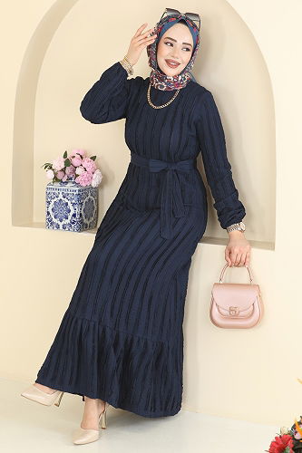 moda selvim Kuşak Detaylı Piliseli Elbise 757OZN1046 Laci - Thumbnail