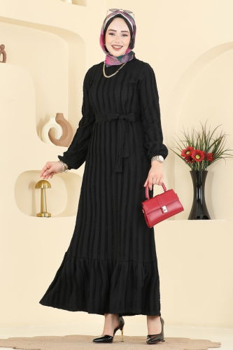 O.Z.N. - Kuşak Detaylı Piliseli Elbise 757OZN1046 Siyah