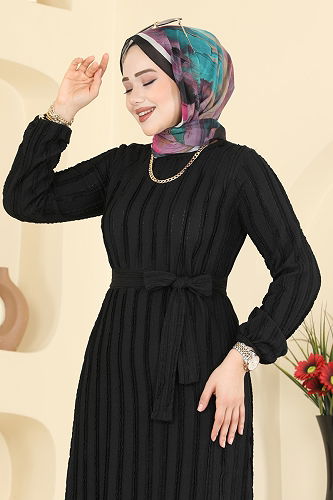moda selvim Kuşak Detaylı Piliseli Elbise 757OZN1046 Siyah - Thumbnail