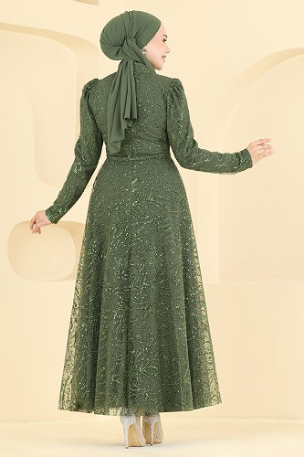 moda selvim Kuşak Detaylı Şık Abiye 5835EDFK1198 Haki - Thumbnail