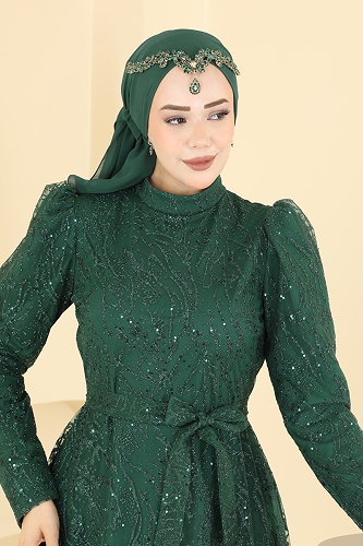 moda selvim Kuşak Detaylı Şık Abiye 5835EDFK1198 Zümrüt - Thumbnail
