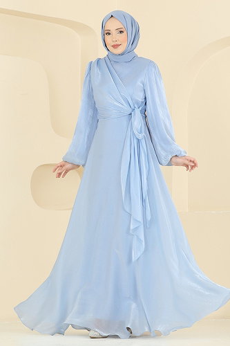 moda selvim Kuşak Detaylı Şık Abiye 6219BSK463 Bebe Mavisi - Thumbnail