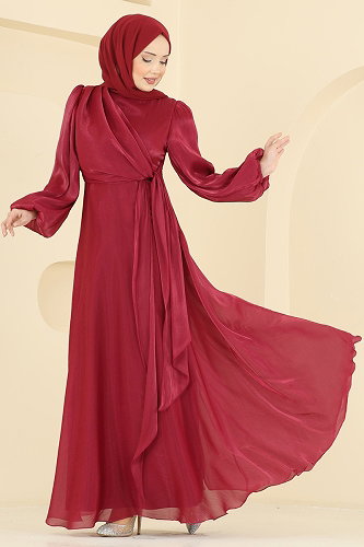 moda selvim Kuşak Detaylı Şık Abiye 6219BSK463 Bordo - Thumbnail