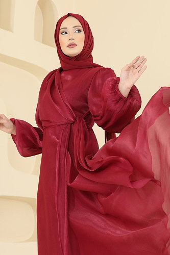 moda selvim Kuşak Detaylı Şık Abiye 6219BSK463 Bordo - Thumbnail