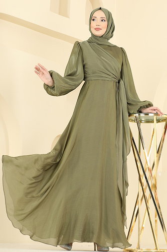 moda selvim Kuşak Detaylı Şık Abiye 6219BSK463 Haki - Thumbnail