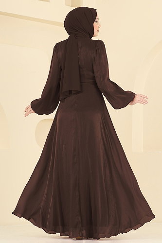 moda selvim Kuşak Detaylı Şık Abiye 6219BSK463 Kahve - Thumbnail