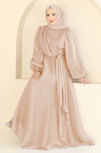moda selvim Kuşak Detaylı Şık Abiye 6219BSK463 Krem - Thumbnail