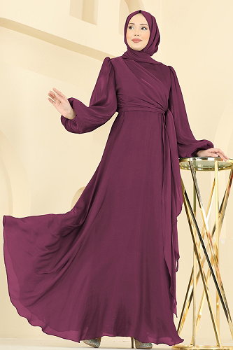 moda selvim Kuşak Detaylı Şık Abiye 6219BSK463 Mürdüm - Thumbnail