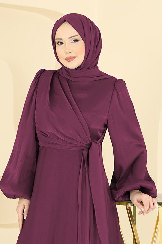 moda selvim Kuşak Detaylı Şık Abiye 6219BSK463 Mürdüm - Thumbnail