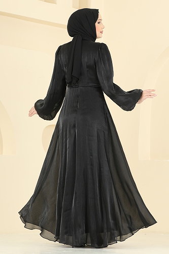 moda selvim Kuşak Detaylı Şık Abiye 6219BSK463 Siyah - Thumbnail