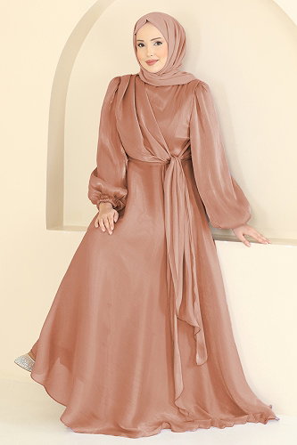 moda selvim Kuşak Detaylı Şık Abiye 6219BSK463 Somon - Thumbnail