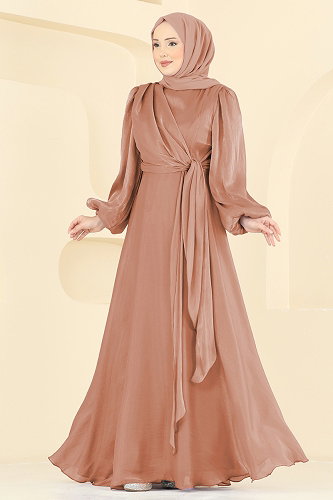 moda selvim Kuşak Detaylı Şık Abiye 6219BSK463 Somon - Thumbnail