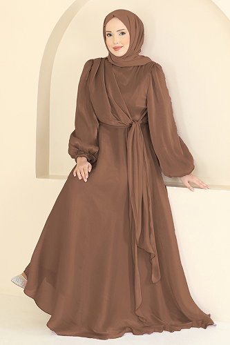 moda selvim Kuşak Detaylı Şık Abiye 6219BSK463 Sütlü Kahve - Thumbnail